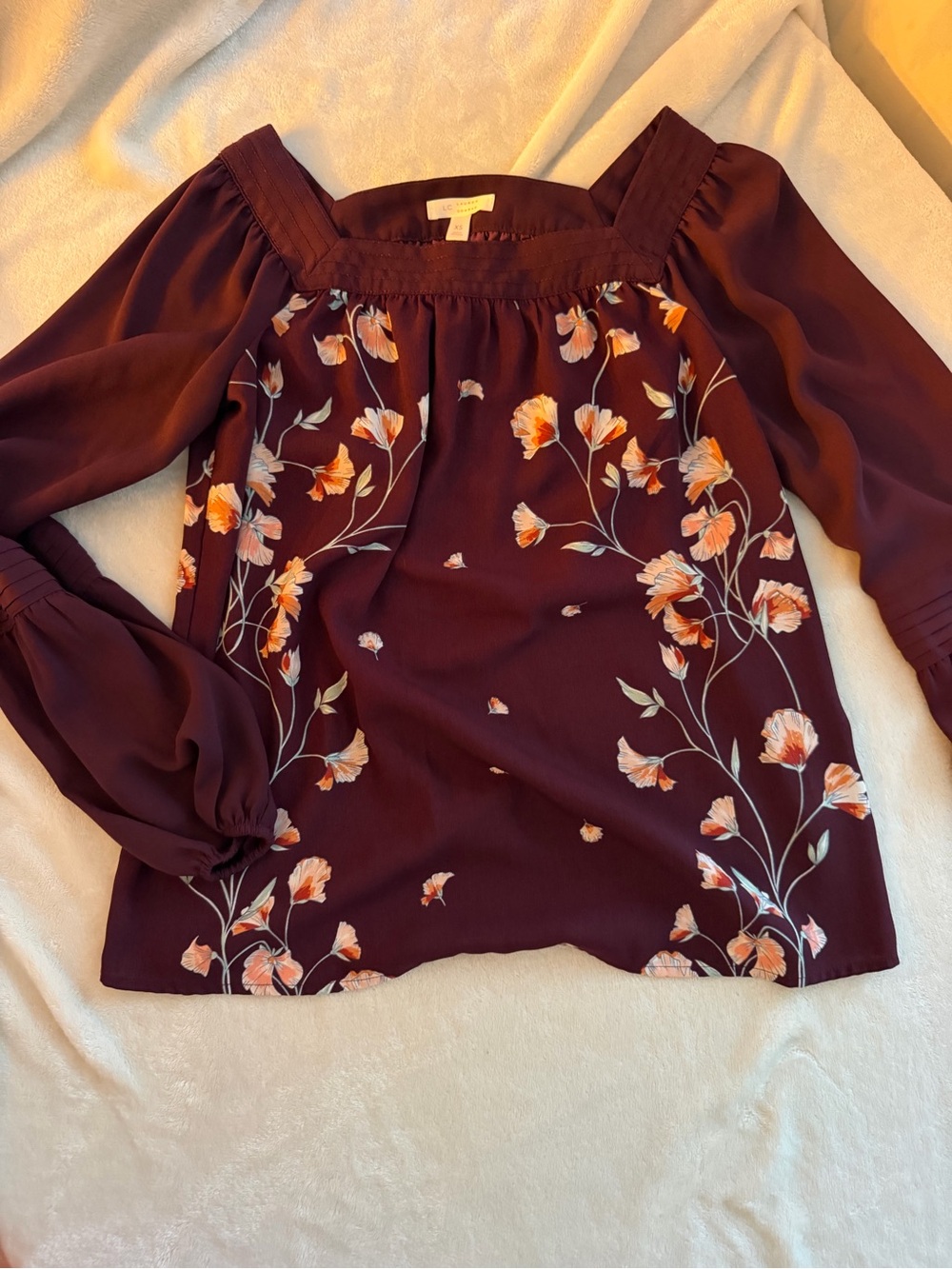 LC Lauren Conrad Burgundy Floral Square-Neck Blouse